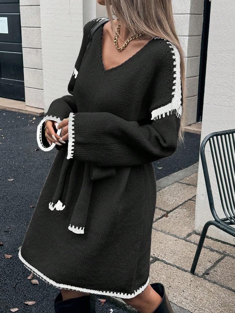 Women's Loose-fit Knitted V-neck Long Sleeve Dress With Belt