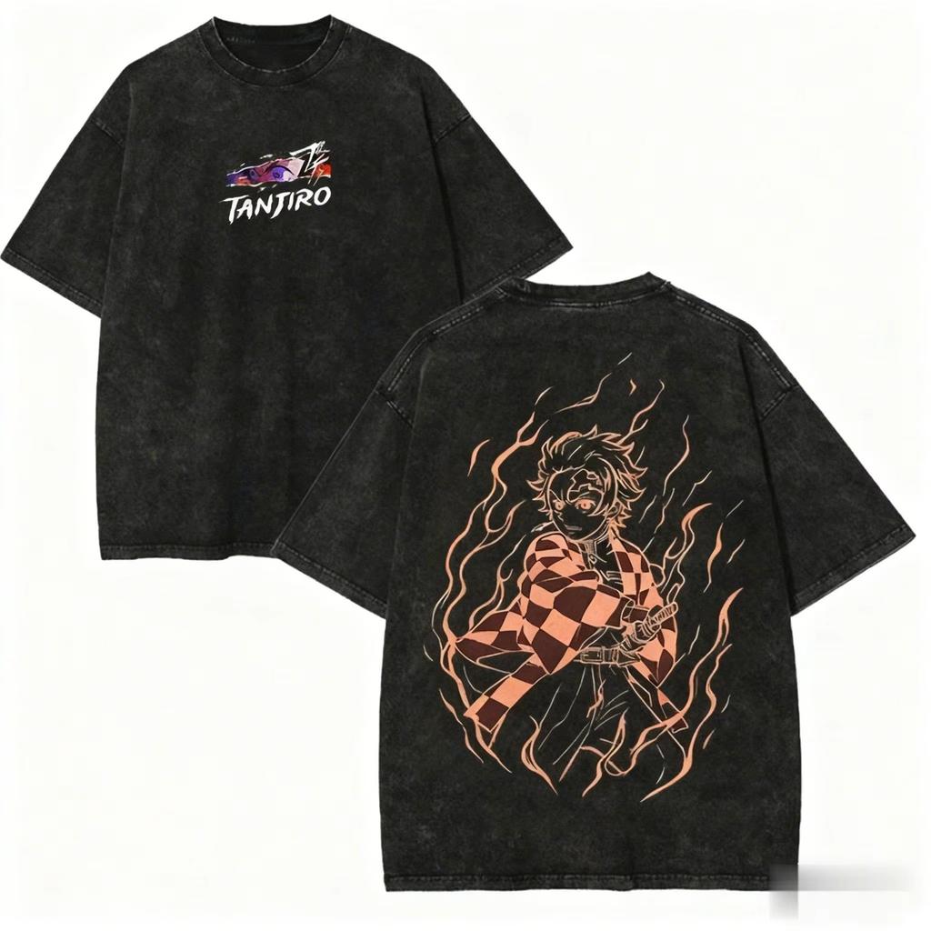 Vintage Washed Demon Slayer Anime Graphic T Shirt Men Women  Cotton Short Sleeve Tee Streetwear Casual Tops Yk Clothes