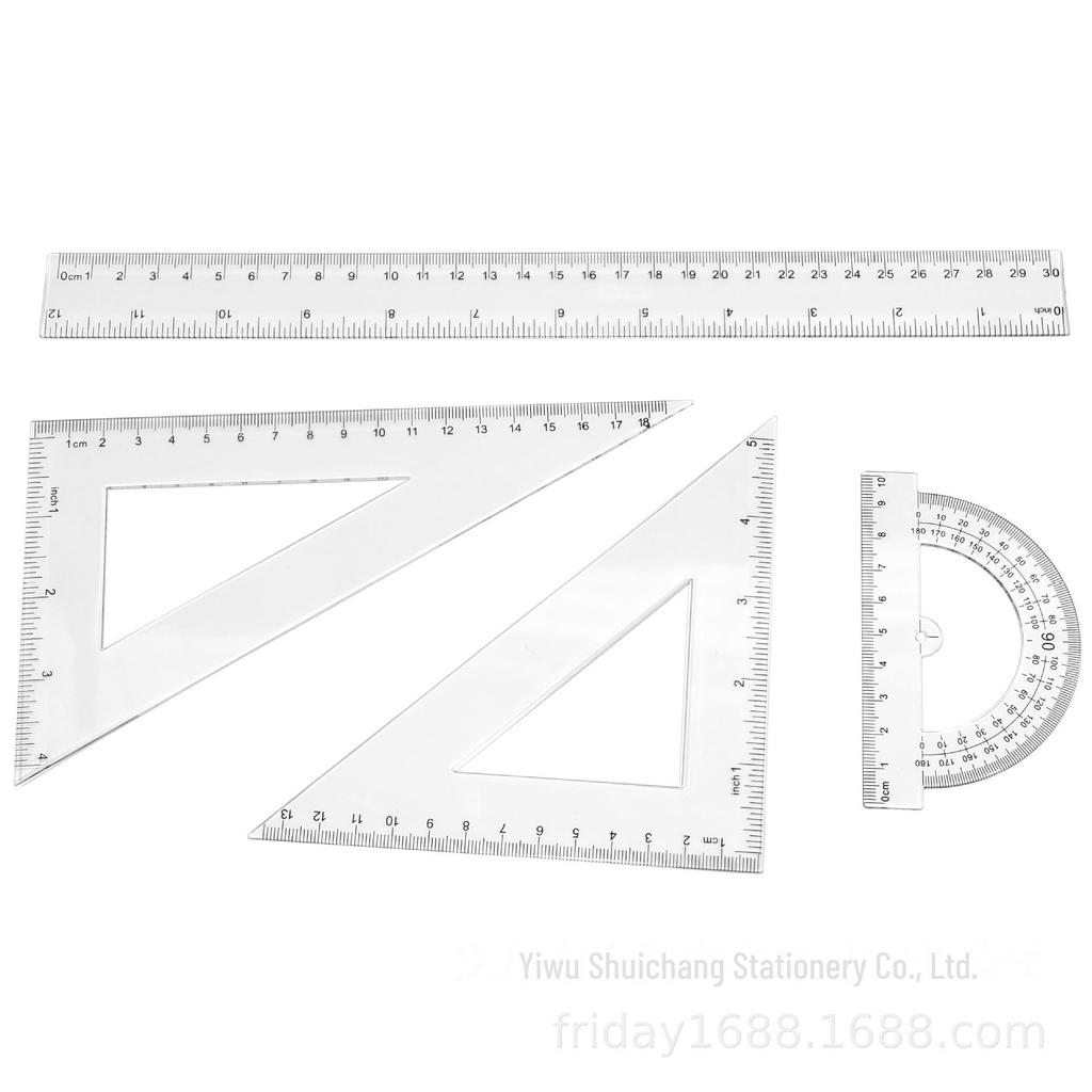 Student 4-Piece Ruler Set: Triangle, Straight, Protractor - Transparent & Durable