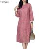 ZANZEA Women Casual Round Neck 3/4 Sleeve Patchwork Lace Sheath Dress