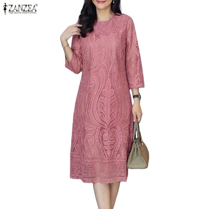 ZANZEA Women Casual Round Neck 3/4 Sleeve Patchwork Lace Sheath Dress