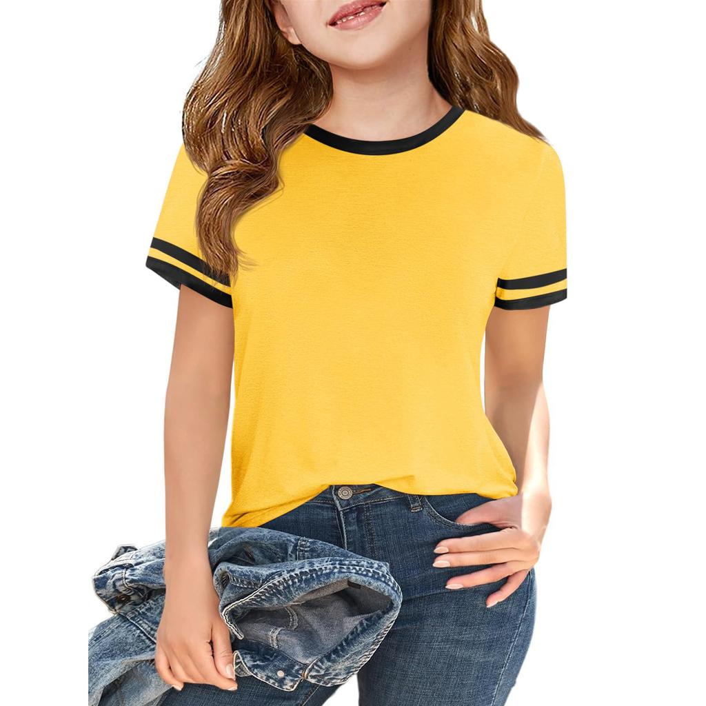 Girls Fashion Short Sleeve Round Neck Color Blocking Casual T-Shirt Top