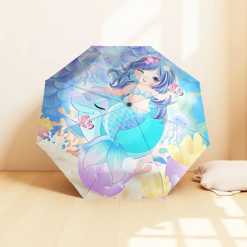 Mermaid Tail Design Automatic Opening/Closing Umbrella with Starfish Hair Clip Portable Folding Design,8 Bone Iron Frame Outdoor Umbrella