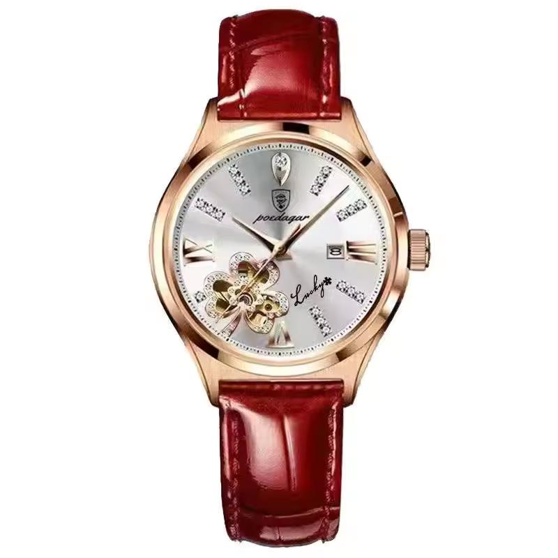 

POEDAGAR Women Watch Fashion Luxury Wine Red Quartz Watches Waterproof Stainless Stain Ladies Wristwatch Romatic Girlfriend Gift рожевий колір золота/білий