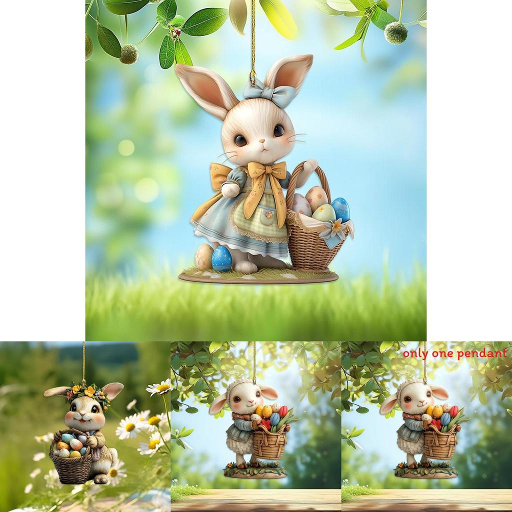 Easter Little Rabbit Holding Eggs Acrylic Car Pendant With Cartoon Style Keychain For Vehicle Interior Decor