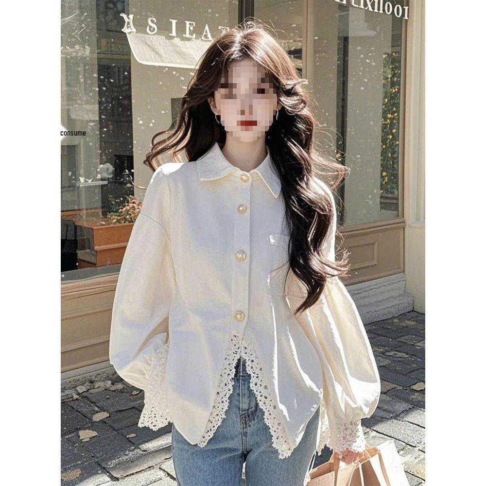 

R6Q Trendy White Lace Blouse - Stylish, Flattering, Age-Defying, Unique Design XL (recommended 115-130 jin)