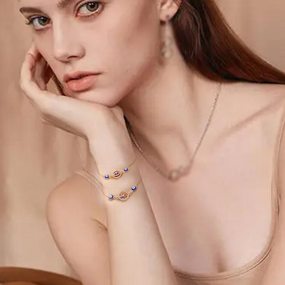 YILUOCD Bohemian Ovaly Blue Evil Eye Bracelet For Women 18k Gold Plating Tree of Life Chain Bracelets New Prayer Jewelry