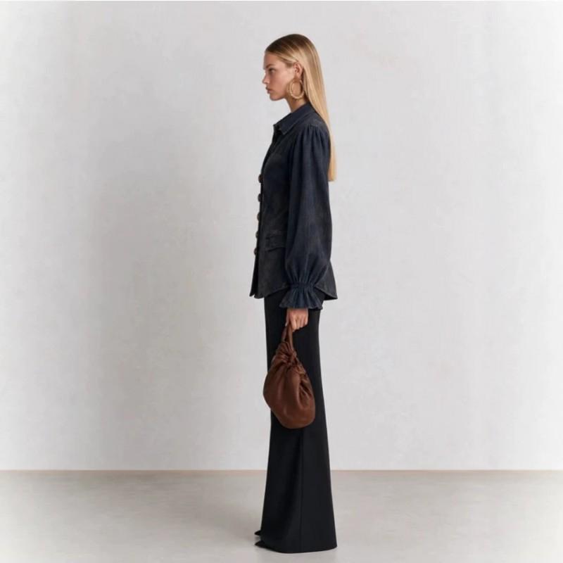 Vintage Casual Navy Blue Puff Sleeve Shirt Jacket Women