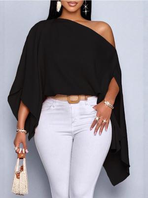 Women's Casual Off-the-Shoulder Loose Batwing Sleeve Top - Elegant European & American Style, Solid Color