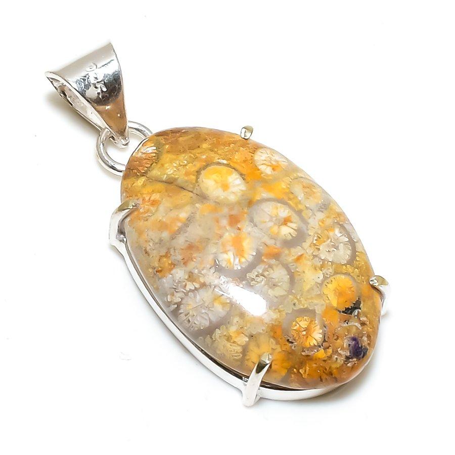 Fossil Coral Gemstone 925 Solid Sterling Silver Jewelry Pendant 1.77" SU-10261