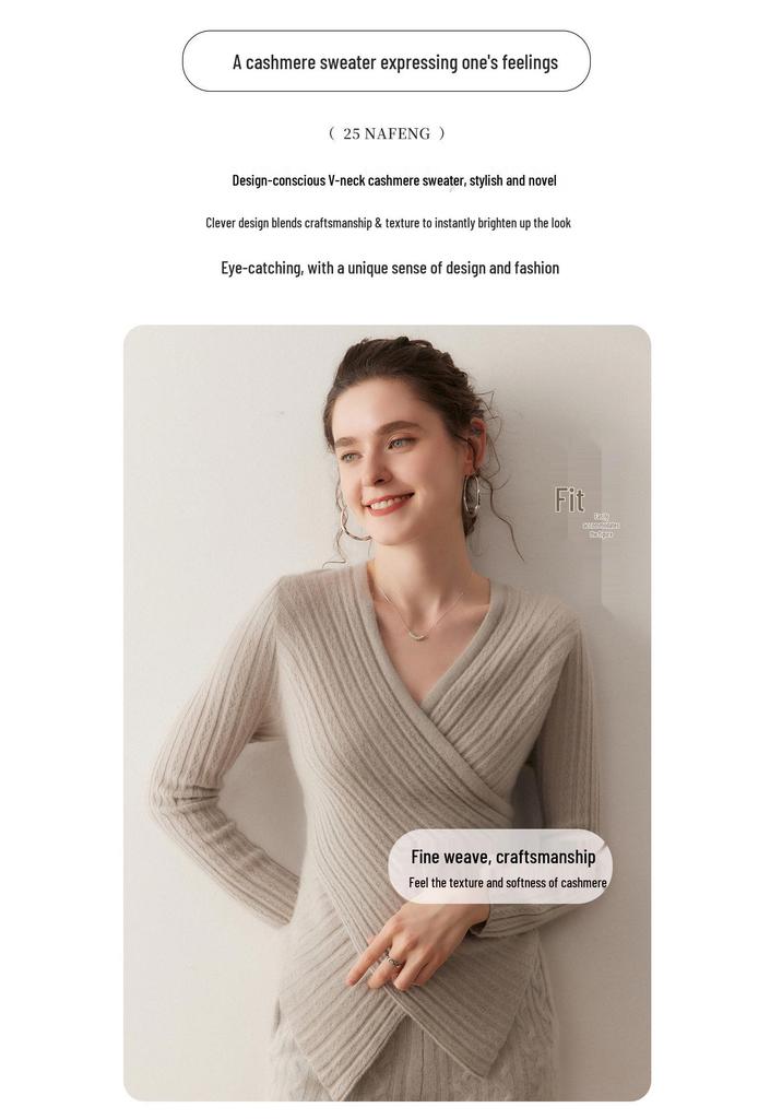 Lekasha Women's V-Neck Cross Knit Cashmere Sweater - Long Sleeve, Autumn/Winter Style