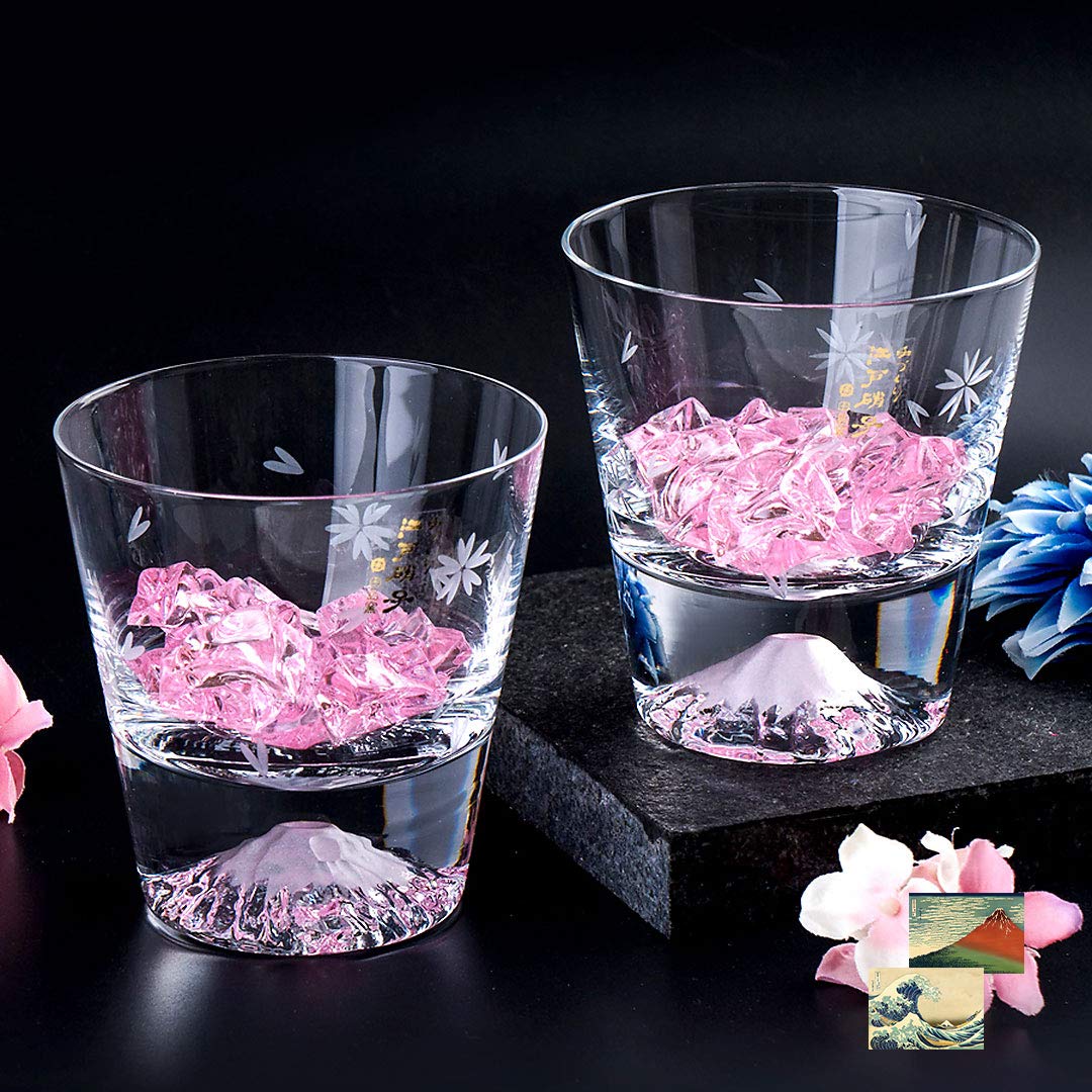 

Fuji Tajima Glass Sakura Rocks Glasses x 2 Pair Set Grand Prix Edo Edo 60th Overseas Celebration Made in Paulownia Wood Includes Views of Mount Fuji x
