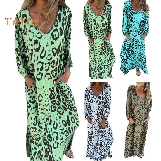 Women's Leopard Print Dress V-Neck Long Sleeve Maxi Dress Casual Loose Fit Spring Summer Dress for Office Daily Wear Vacation Party