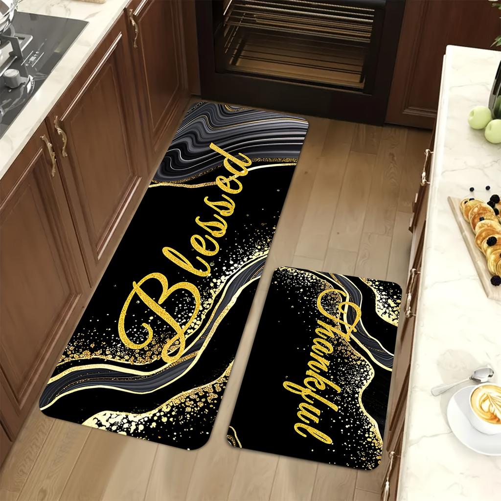 Black and Golden Anti-Slip Kitchen Rugs - Washable Floor Mats for Sink Area, Laundry Room, Farmhouse & Home Decoration Set