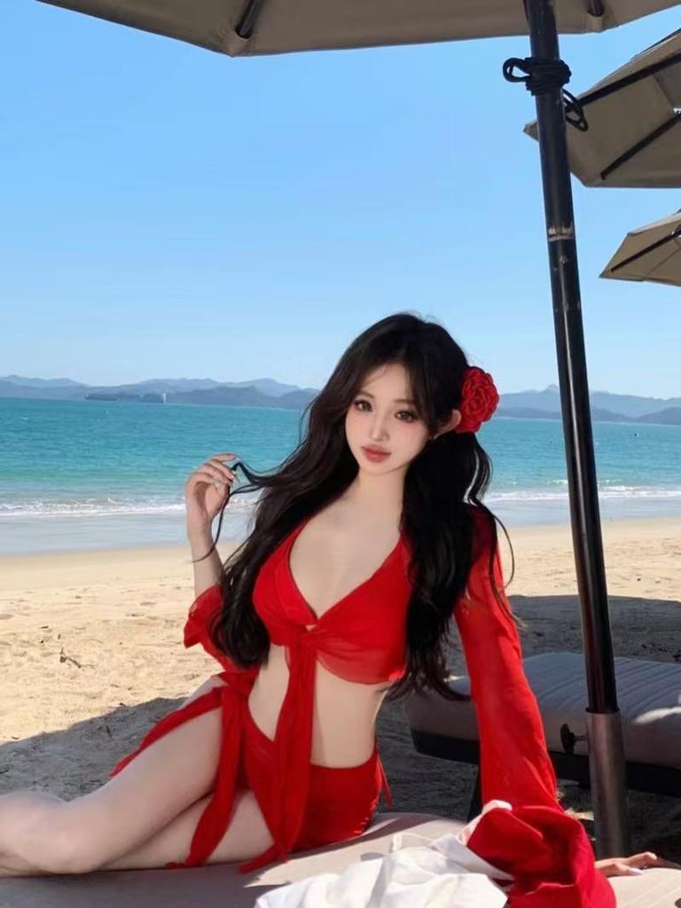 Mosricci Pure Lust Big Red White Sexy Bikini Four-piece Split Swimsuit Women's Long Sleeve Meat Cover Vacation