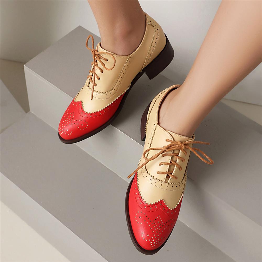 Fashion Women Spring New Flats Shoes Women Oxfords Mixed Colors Lace Up Ladies Brogues Shoes Designer Casual Pu Leather Outdoor Footwear