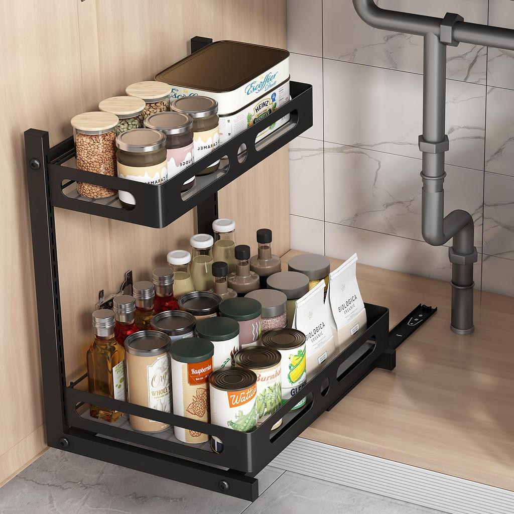 Under Sink Organizers, Metal Sliding Cabinet Basket and Storage Organizer 2 Tier Pull Out Cabinet Organizer for Kitchen Bathroom