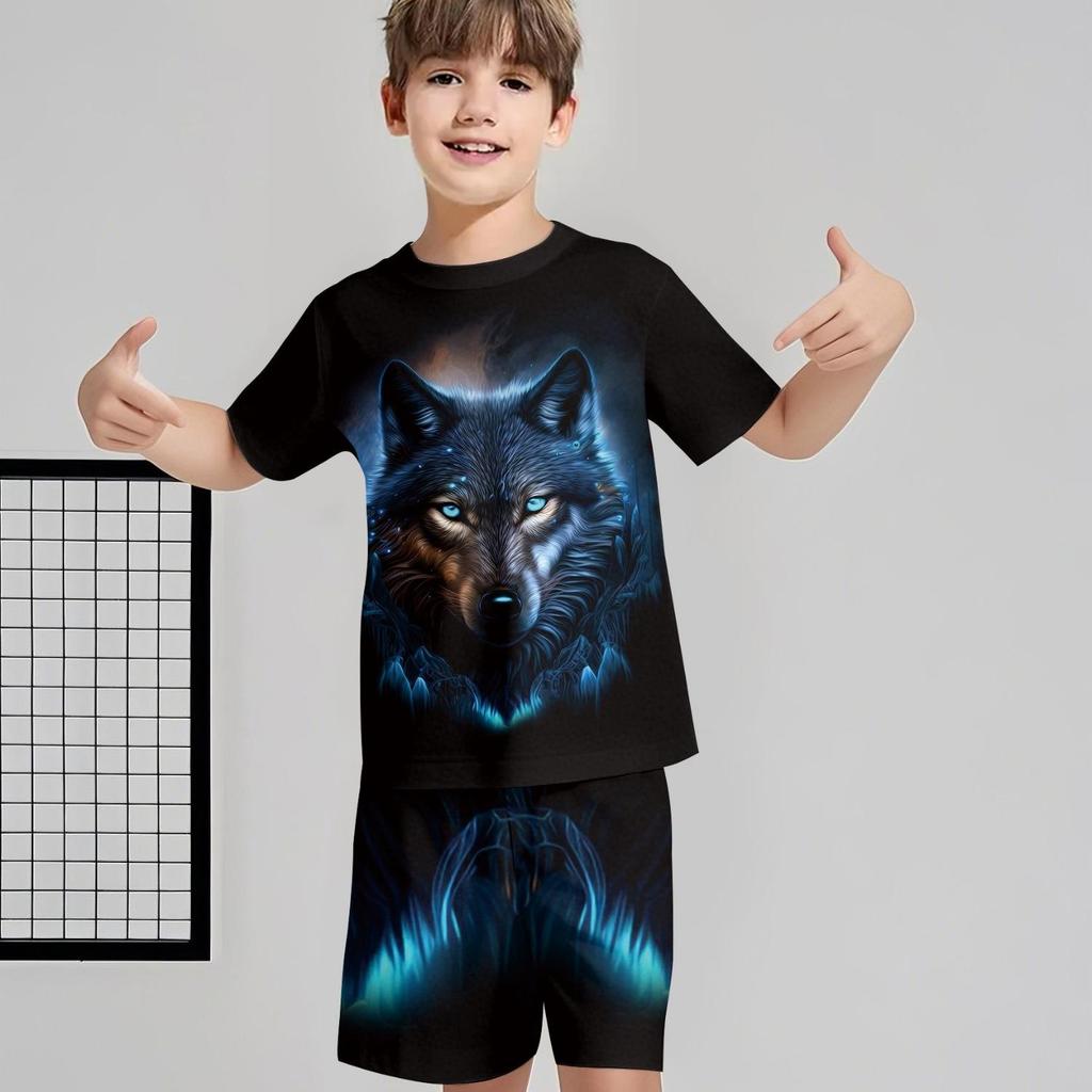 2-piece boys' short sleeved shorts blue flame wolf print set casual sports versatile round neck T-shirt set