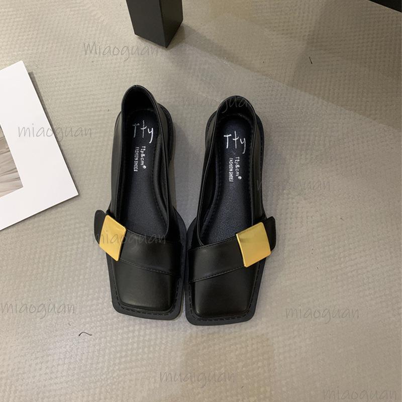 Vintage Mid Heel Black Pumps Women's Soft Sole Belt Buckle Loafers Square Toe Leather Shoes for Women Fashion Office Ladies Shoe