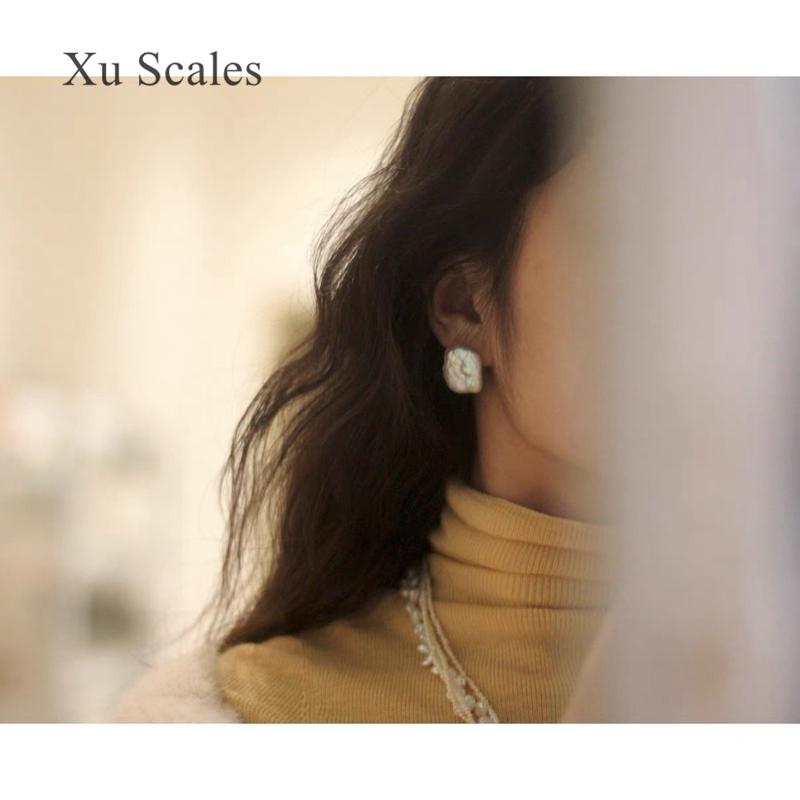 100% Natural FreshWater Baroque 15-21mm Aurora White Square Pearl Stud Earrings S925 Sterling Silver Anti Allergy Jewelry Gift