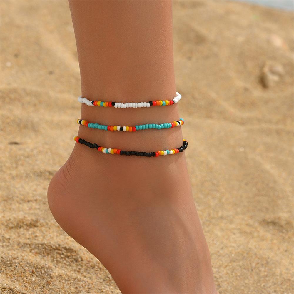 Rainbow Rice Beads Anklets For Women Silver Color 3pcs/Set Multicolor Foot Chain Ankle Bracelet Beach Jewelry Summer Accessories