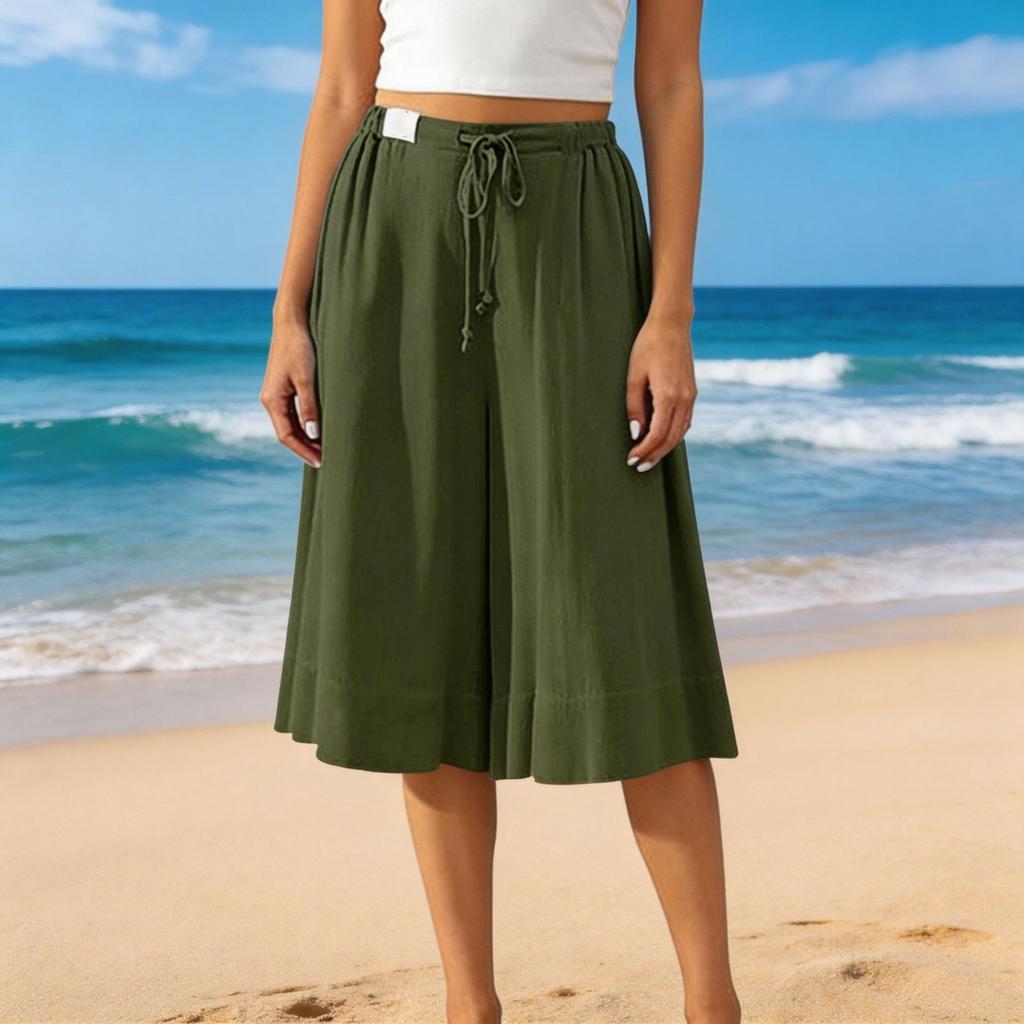 Women’s Wide Leg Culottes Drawstring Waist Loose Fit Pleated Midi Skirt Pants Soft Lightweight Fabric
