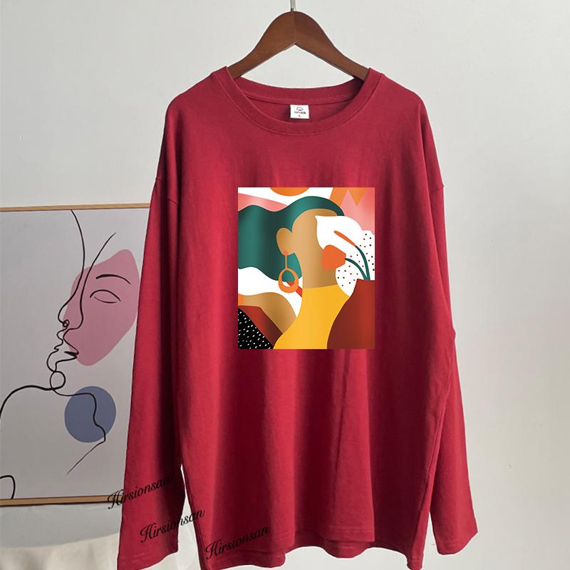 Hirsionsan Vintage Printed Long Sleeve T-shirt Women Loose 100% Cotton O-neck Tees Female Chic Aesthetic Graphic Pullover 2023