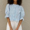 Sommer Besticktes Kurzes Hemd Blauer Druck Damenhemd Elegant O-Ausschnitt Ausgeschnitten Halbarm Hemden Einreihig Baumwollhemden