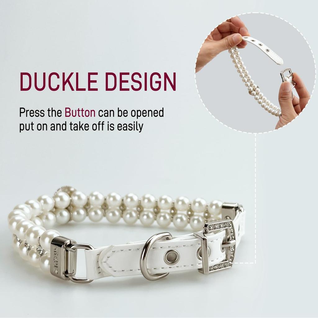 KUDES Small Dog Cat Big Pearl Collars with Crystal Rhinestone Diamond Décor, Adjustable Cute Fashion Pet PU Leather Collars Necklace for Wedding