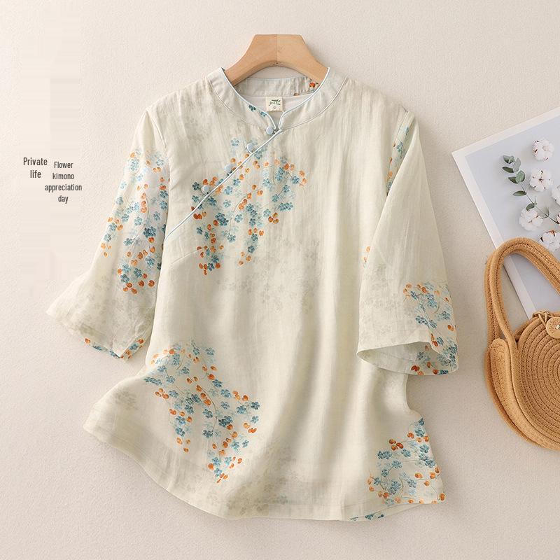 2024 Summer New Chinese Style Stand Collar Retro Zen Print Cotton Linen Shirt Medium