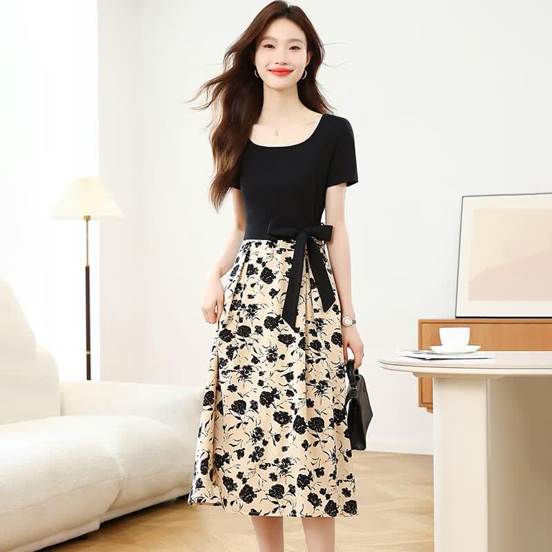 KAISER Korean Style Printed Faux Two-Piece A-Line Midi Dress M