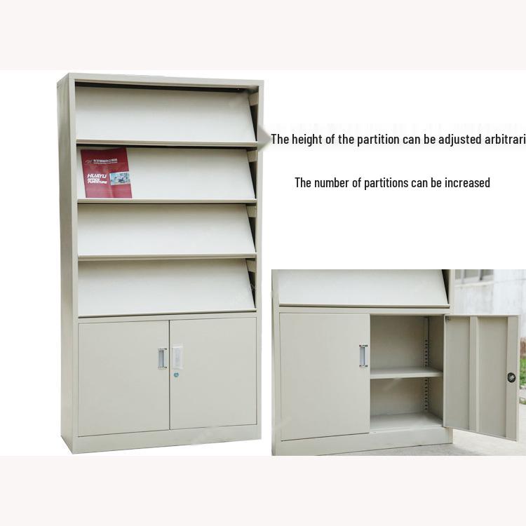 4-Layer Single-Sided Steel Magazine, Newspaper, and Book Rack Cabinet with Lower Shelf