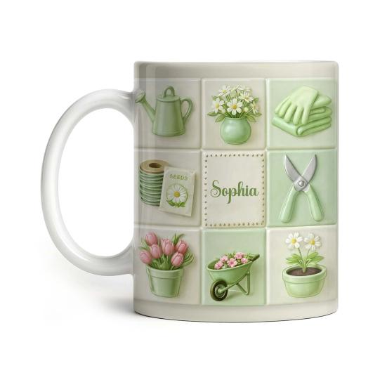 

Ceramic Gardening Mug with 3D Relief Pastoral Design Heat-Resistant Coffee Tea Cup Nature-Inspired Drinkware A зелений