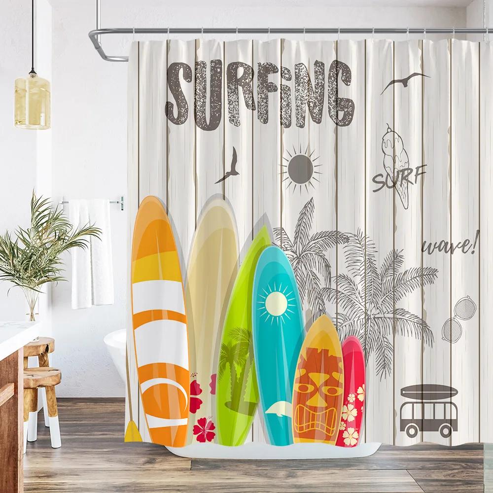 

Camper Rv Shower Curtain Rustic Farmhouse Wood Board Trailer Camping Car Surfboard Tropical Palms Trees Bathroom Decor With Hook W60H190(CM)-1 Pcs