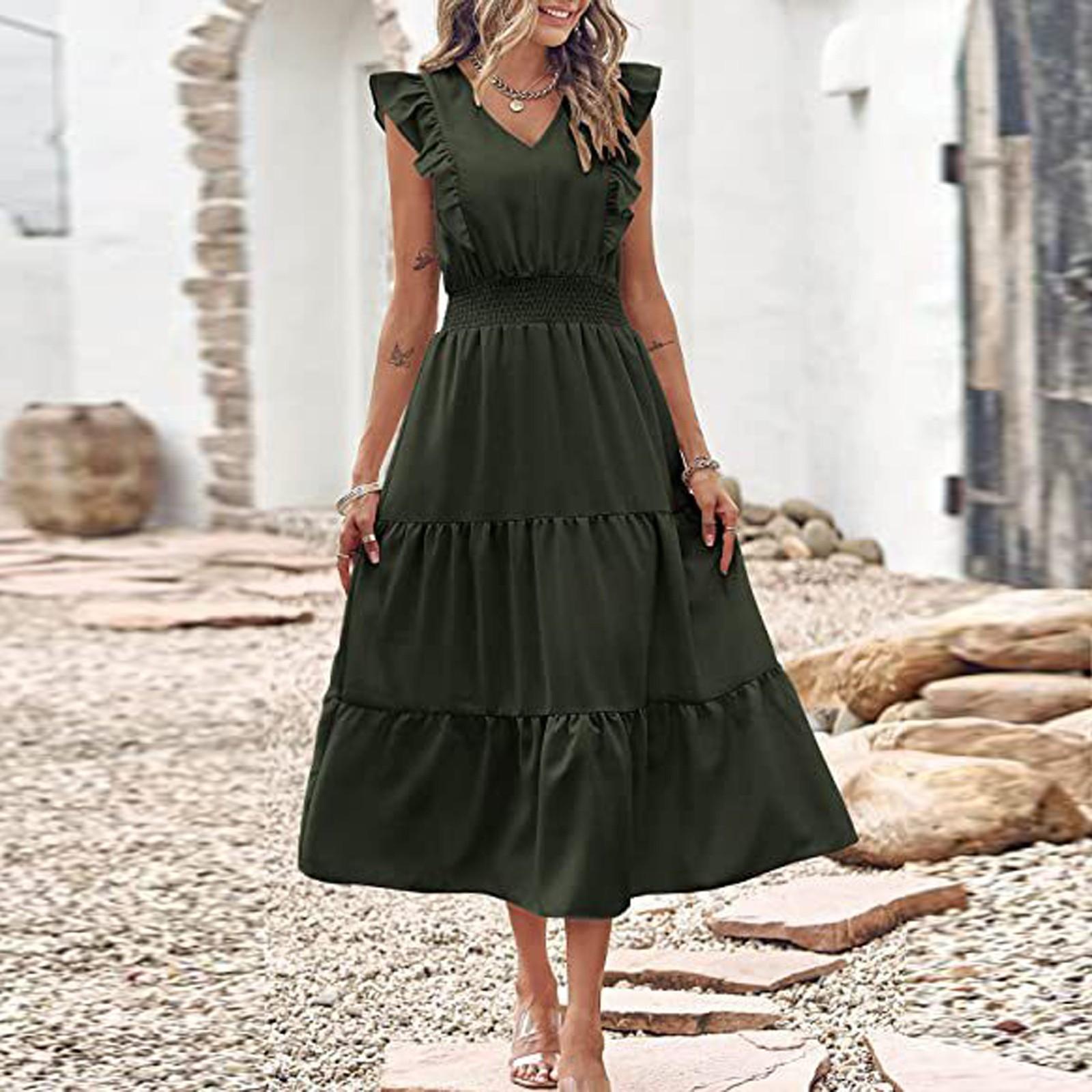 

Ladies Ruffled Sleeveless V Neck Waist Pleat Dress Solid Color Dress Summer Dress For Ladies