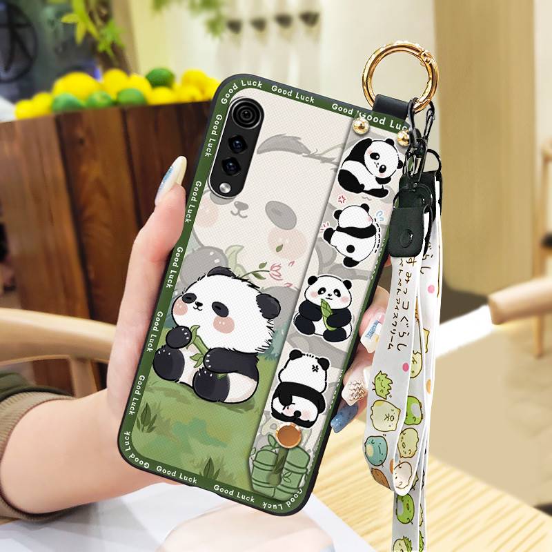 Shockproof Wrist Strap Phone Case For LG Velvet 4G/5G Silicone Soft case Durable Kickstand Cartoon Lanyard Panda Ring