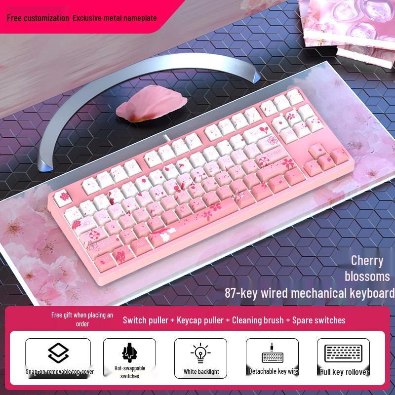 87-Key Cute Mechanical Keyboard, Wired Blue Switch, Personalized PBT for Gaming, Esports, Office, Creative Girls
