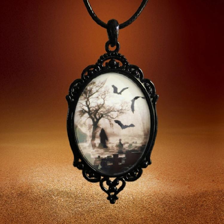 Vintage Bat Cemetery Glass Pendant Necklace Clavicle Chain Halloween Jewelry