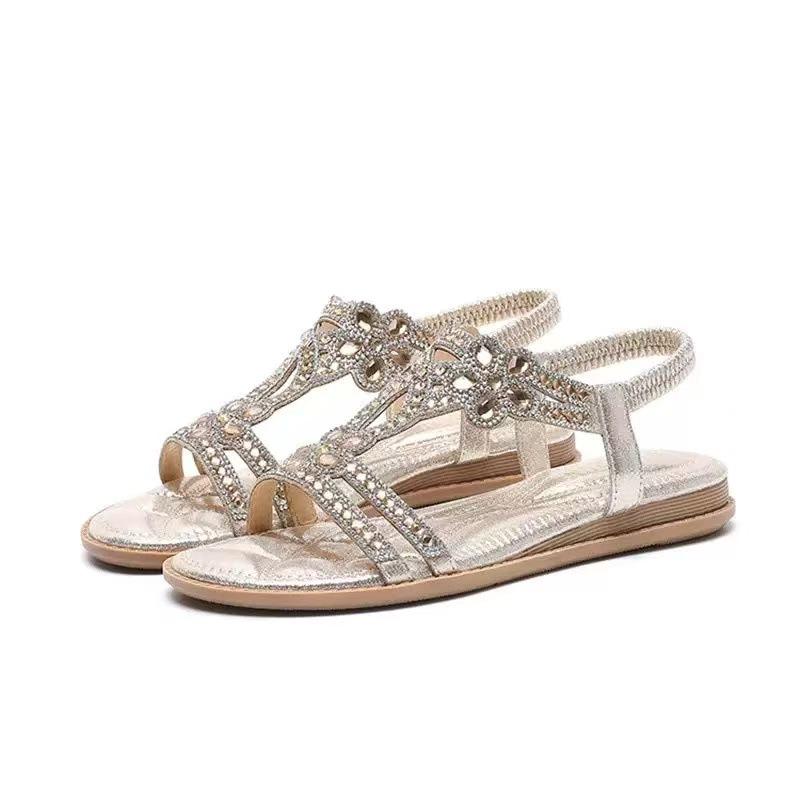 Women's Flat Rhinestone Sandals Bohemian Sandals Summer Non Slip Beach Elastic Low Heels Roman Sandals Sandalias