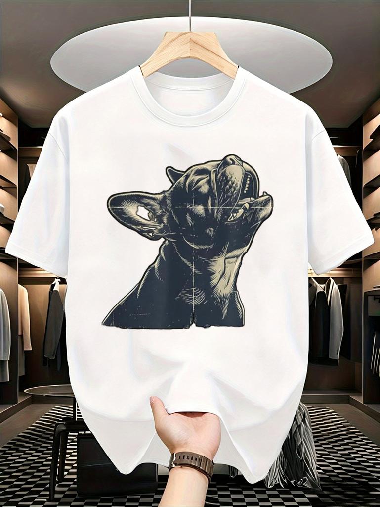 1pc Male Graphic T Shirt Howling Dog Short Sleeve Crew Neck for Teenagers, for Teenager