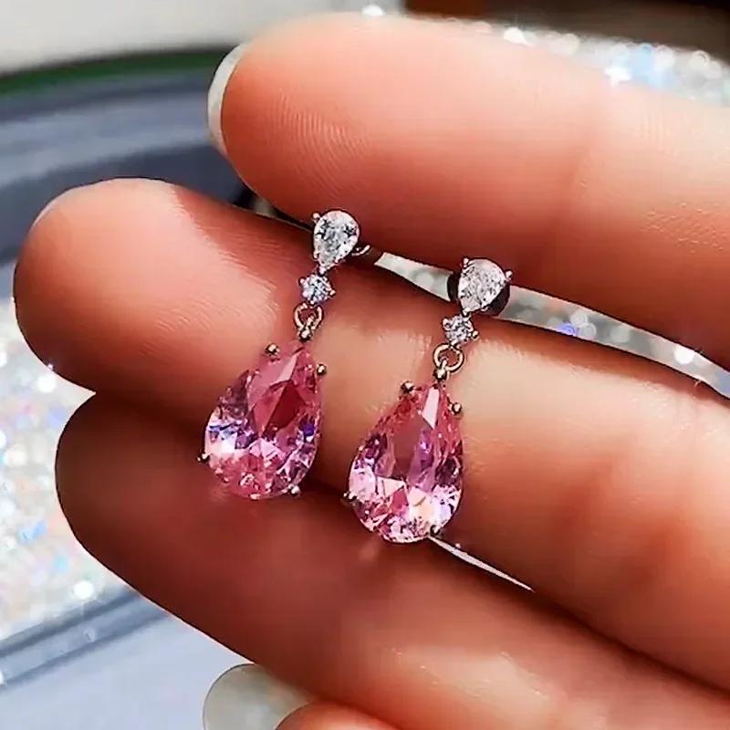 Elegant Light Luxury Pink Zircon Earrings for Women High-End Temperament Trendy Zircon Accessory