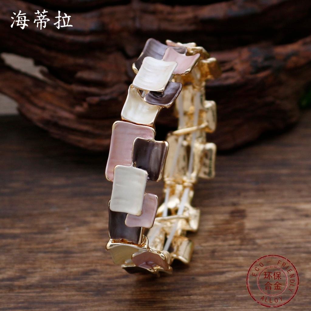 Luxury Enamel Color Geometric Square Splicing Elastic Bracelet Women Exaggerated Personality Irregular Square Bracelet