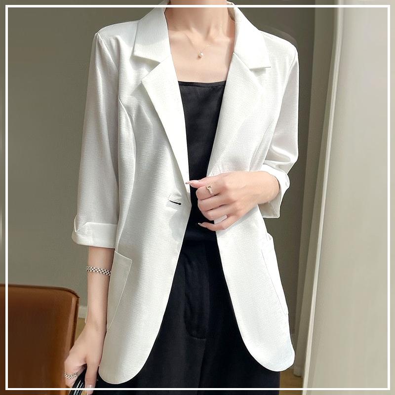 Summer Women's New Spliced Notched Button Pocket Fashion Solid Color Versatile Temperament Slimming Seven Sleeve Blazers