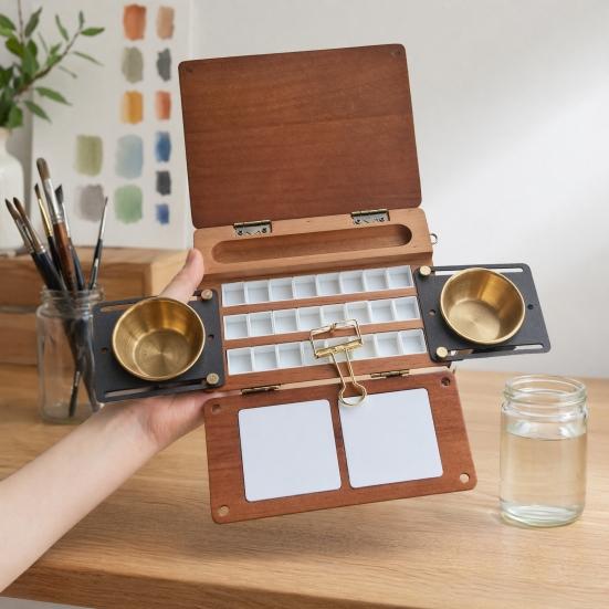 24-Fächer Aquarellpalette Box, Reise-Farbpalette mit Pinselhaltern, Zwei Mischflächen, Tragbare Holz-Farbkasten für Malen im Freien, Studio