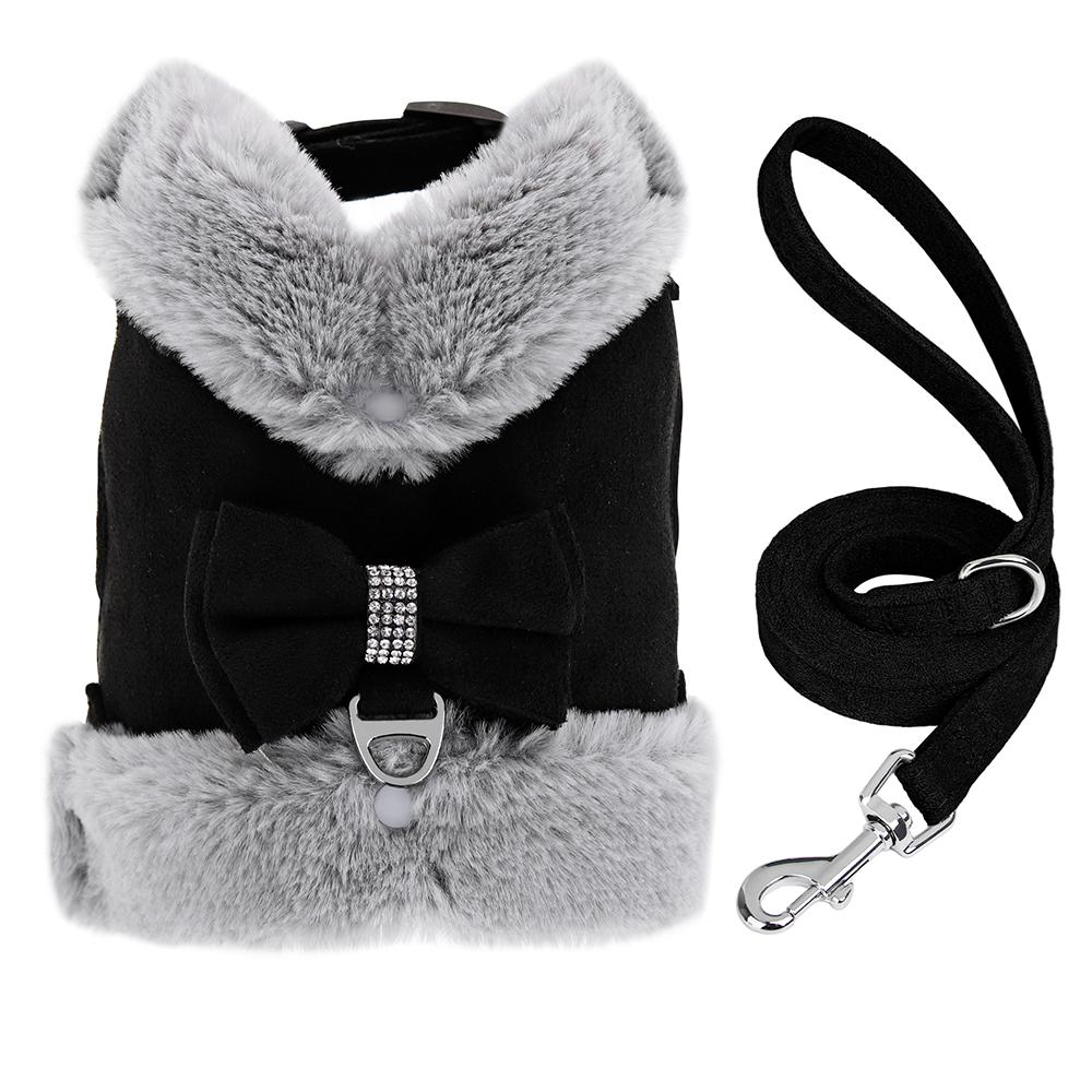 Warm Fur Puppy Dog Harness Leash Cute Bowknot Dogs Cat Harnesses Padded Pet Vest With Matching Lead Rope For Dogs Cats Winter