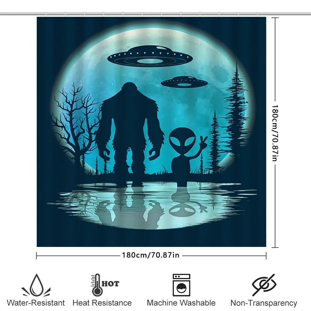 Gruseliges Alien-Duschvorhang-Set: Mondbeleuchteter Wald UFO-Invasion Szene Für Heimdekoration Badezimmerzubehör Blau Schwarz Design