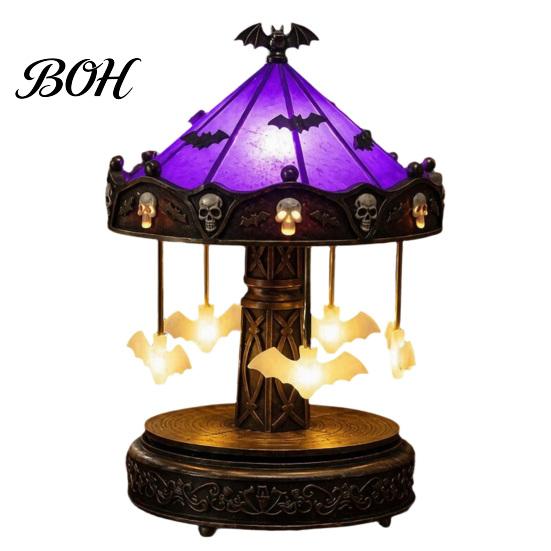Vintage Bronze Style Lamp Halloween Ghost Carousel Lights, Gothic Stained Glass Night Light with Retro Copper Study Room Base, USB Rechargeable