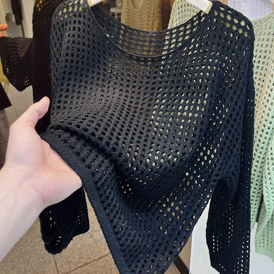 Женские ажурные вязаные топы с прозрачным воротником и тонкие свитера One Size чёрный