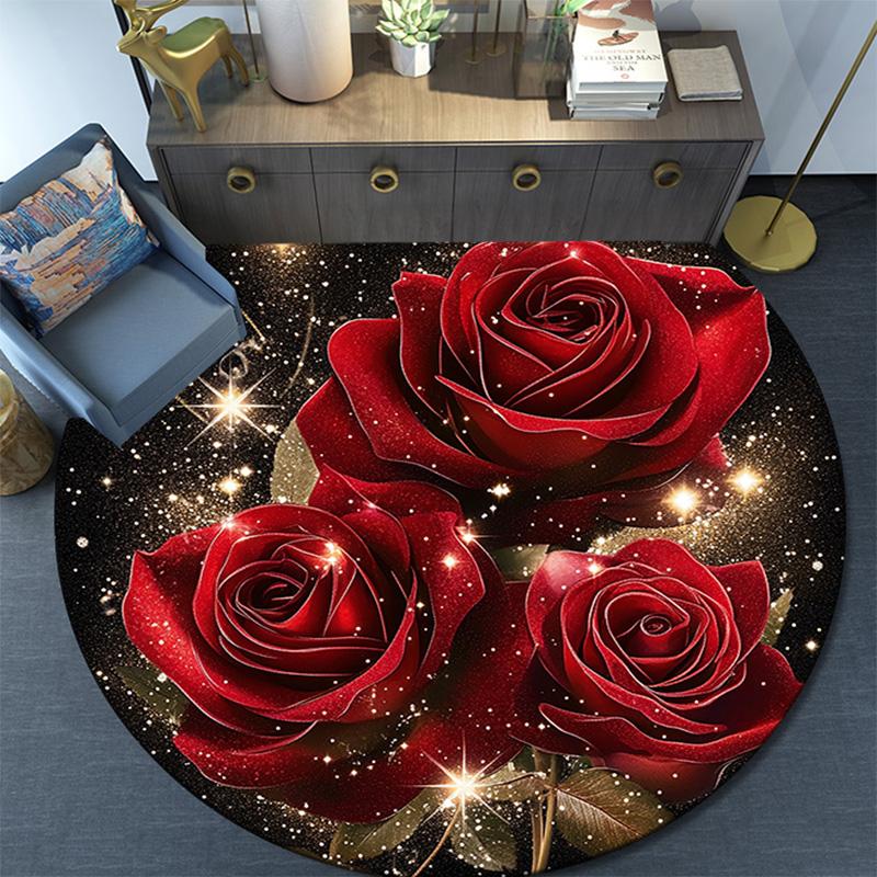 Red Roses Round Area Rug,Carpet Rug for Living Room Bedroom Sofa Playroom Decor,Non-slip Floor Mat