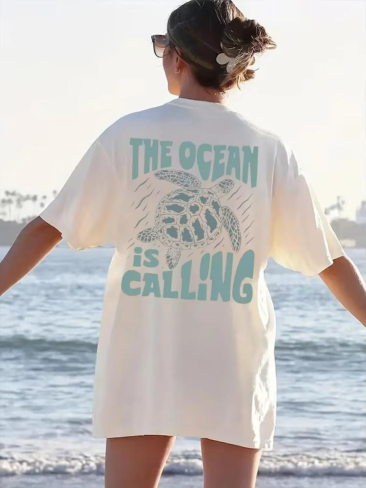 

2025 New Cute Turtle Letter Printed T-shirt Summer Short Sleeved Round Neck Casual Cotton Women s Fashion Oversized Tops L